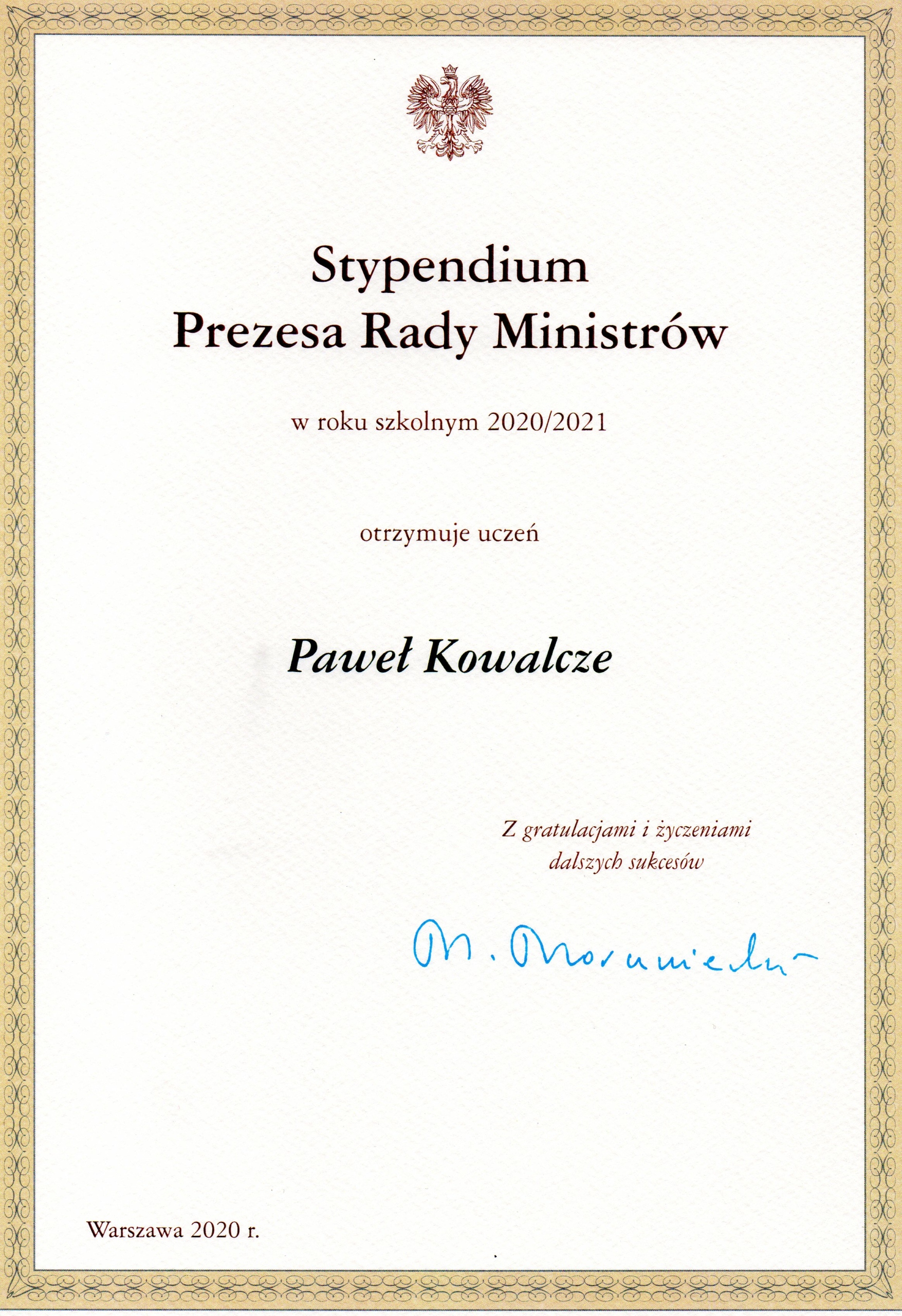 dyplom Stypendium Prezesa Rady Ministrów