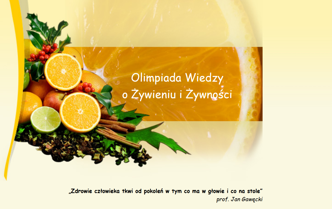 Zrzut ekranu strony startowej Olimpiady wiedzy o żywności i żywieniu prezentujący nazwę olimpiady oraz warzywa na żółtym tle.