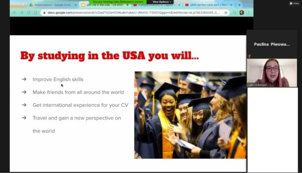 zrzut ekranu prezentujący fragment prezentacji o studiach w USA